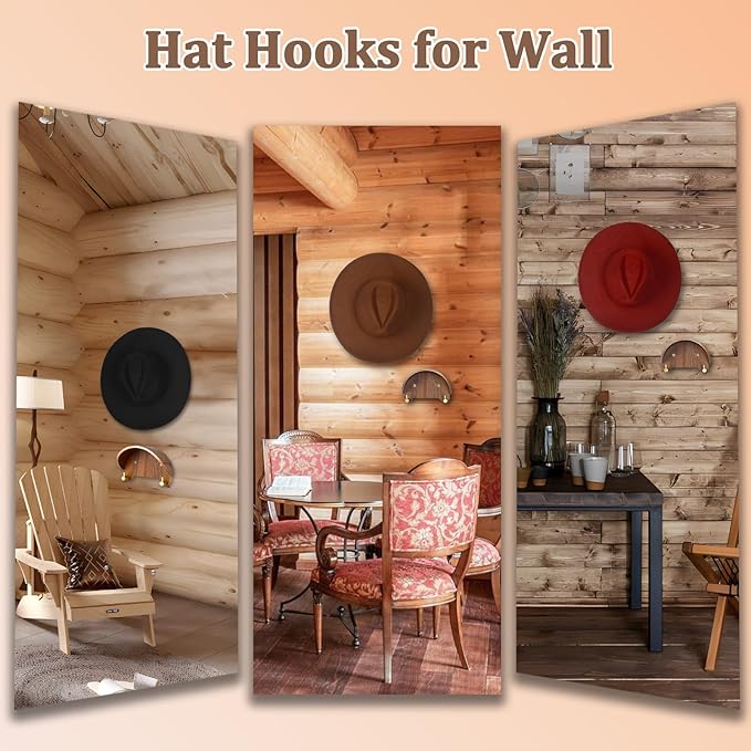 2 Pack Cowboy Hat Rack, Wooden Satin Finish Hat Holder on Wall,Non-Damage Brim Design, Hat Hooks Can Keeps Original Shape of Hat, for Cowboy Hat, Fedora, Sun Hats