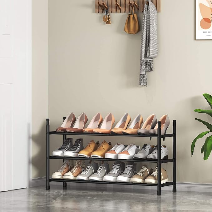 TZAMLI 3-Tier Expandable Metal Shoe Rack for Closet, Stackable Shoe Organizer Adjustable Shoe Storage Small Shoe Shelf for Entryway Entrance, 17.2"-30" x 9" x 16.4" Inch Black
