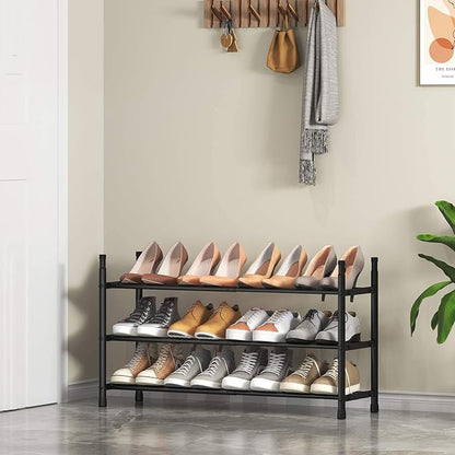 TZAMLI 3-Tier Expandable Metal Shoe Rack for Closet, Stackable Shoe Organizer Adjustable Shoe Storage Small Shoe Shelf for Entryway Entrance, 17.2"-30" x 9" x 16.4" Inch Black