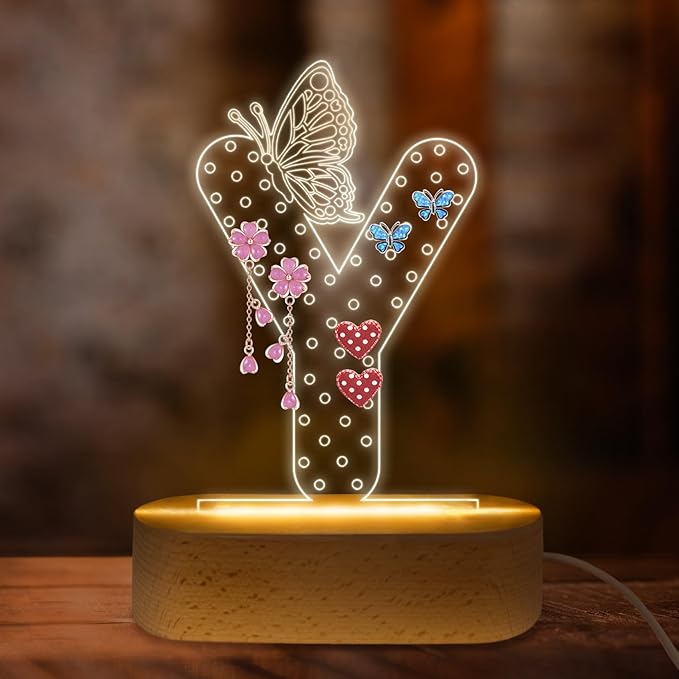 COSHAYSOO Earring Holder Organizer for Teen Girls with Butterfly Decorations LED Night Light USB Plug In, Initial Letter Earring Rack Vanity Dresser Table Accessories Letter Y