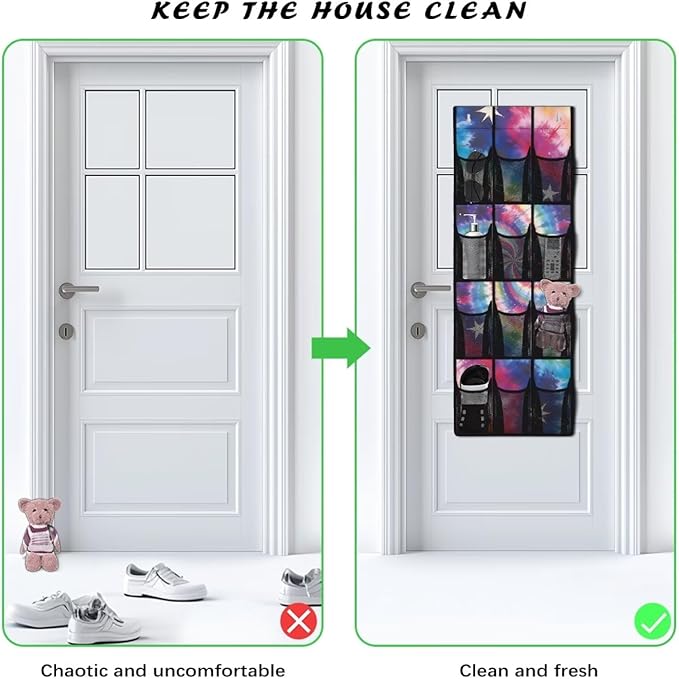 Tie-Dye Star Over Door Shoe Organizer, 12 Multi-Color Mesh Pockets Bohemian Style Hanging Storage for College Dorm & Teen Room Shoes & Accessories