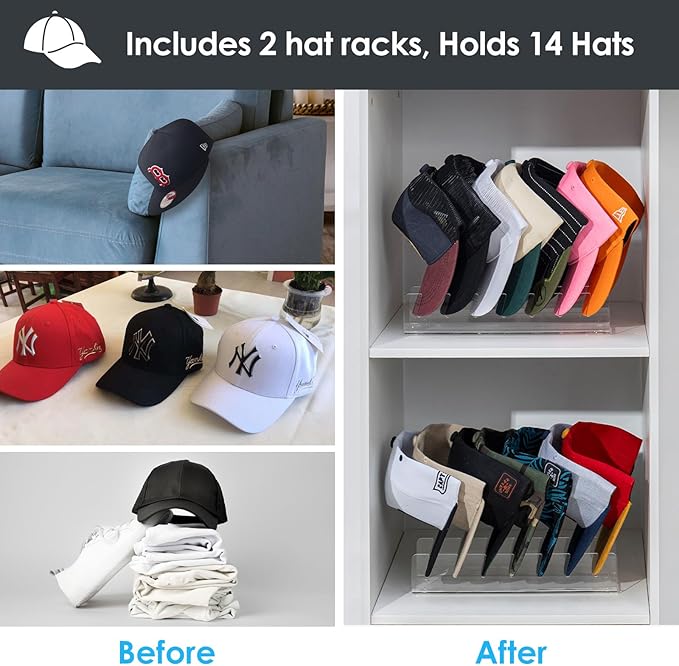 Forzacx Hat Stand for Baseball Caps Display and Organizer 2 Pack, Holds 14 Baseball Caps, Space-Efficient, No Installation Required, Stylish Decor Piece for Closet, Bedroom, Dresser (Clear)
