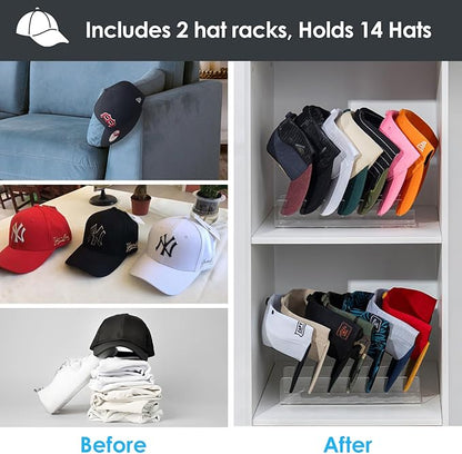Forzacx Hat Stand for Baseball Caps Display and Organizer 2 Pack, Holds 14 Baseball Caps, Space-Efficient, No Installation Required, Stylish Decor Piece for Closet, Bedroom, Dresser (Clear)