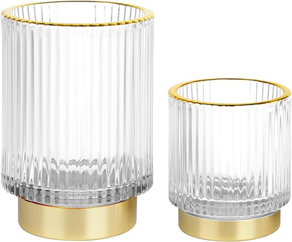 Makeup Brush holder Organizer, Crystal Glass Toothbrush Holders, Striped Make Up Brush Holder for Vanity, Pen Holder for Desk, Vase -White (S+L)
