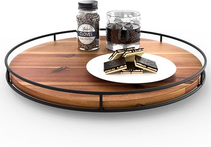 TIDITA 16" Acacia Wood Lazy Susan Turntable with Metal Frame - Large Lazy Susans Organizer Countertop Storage - Wooden Serving Tray for Charcuterie Cheese Board - Kitchen Counter Rotating