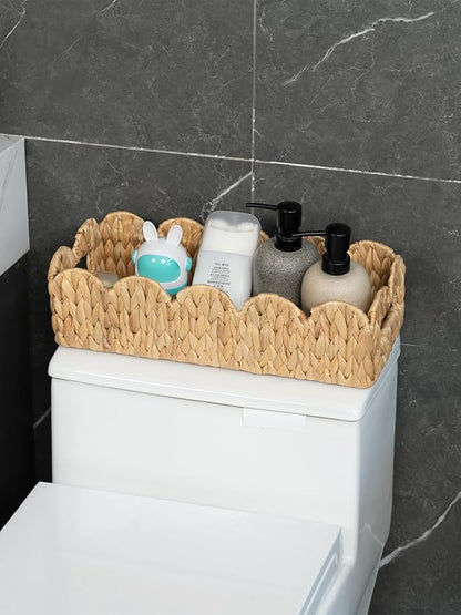 Coeusy 2 Pack Toilet Baskets,Scalloped Edge Wicker Basket for Toilet Paper Storage,Small Baskets for Bathroom,Living Room,Countertop, Shelves,Both Organizer&Decor,Natural Water Hyacinth