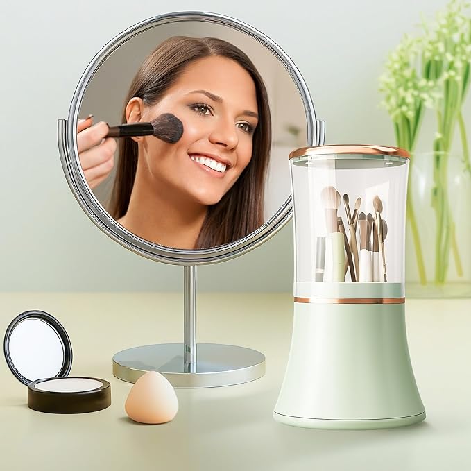 Makeup Brush Holder with Lid Cosmetic Tools Organizer 360 Rotating Waterproof Dustproof Make Up Brushes Storage for Vanity Bathroom Countertop