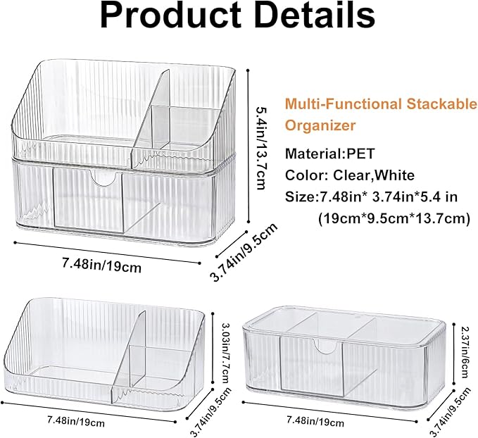 DASITON Makeup Organizer with Drawers, 2 Tier Stackable Organizer for Cosmetics, Skincare, Lipsticks, Makeup Brush, Acrylic Small Makeup Organizers for Vanity Bathroom Countertop Desk Storage (Clear)