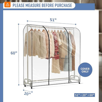 Clear Garment Rack Cover 51" L x 20" W x 60" H, Clothes Rack Cover with Reinforced Double Zippers, Waterproof PEVA Dustproof Protection – Cover Only, Rack Not Included