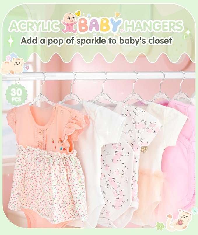 VIS'V Baby Hangers, 11 Inch Acrylic Kids Glitter Hangers for Infant Toddler Nursery Closet Clothes Organization, Clear, 30 Pcs