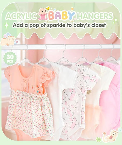 VIS'V Baby Hangers, 11 Inch Acrylic Kids Glitter Hangers for Infant Toddler Nursery Closet Clothes Organization, Clear, 30 Pcs