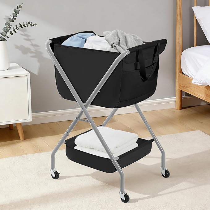 STORAGE MANIAC Collapsible Laundry Cart with Wheels 35.6"H Removable Canvas Bag Rolling Laundry Hamper Clothes Basket with Wheels, Sturdy Steel Frame Folding for Small Narrow Space Easy Storage, Black