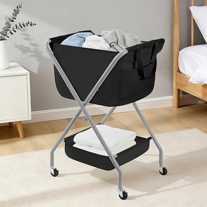 STORAGE MANIAC Collapsible Laundry Cart with Wheels 35.6"H Removable Canvas Bag Rolling Laundry Hamper Clothes Basket with Wheels, Sturdy Steel Frame Folding for Small Narrow Space Easy Storage, Black