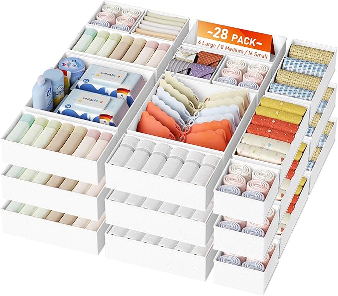 DIMJ Drawer Organizer Clothes, 26Pack Dresser Organizer, Foldable Closet Organizers and Storage, Fabric Dresser Bins, Drawer Dividers for Nursery, Baby Clothes, Underwears, Sock,White