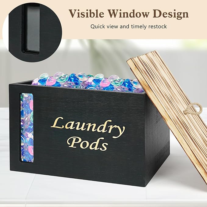 2 Pcs Wood Laundry Pods Container & Dryer Sheet Holder, Solid Pine Laundry Sheet Container Dispenser with Visible Window for Laundry Accessories, Farmhouse Decor for Laundry Room Refresh(Black)