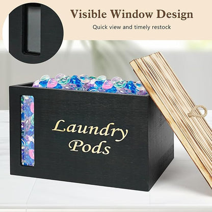 2 Pcs Wood Laundry Pods Container & Dryer Sheet Holder, Solid Pine Laundry Sheet Container Dispenser with Visible Window for Laundry Accessories, Farmhouse Decor for Laundry Room Refresh(Black)
