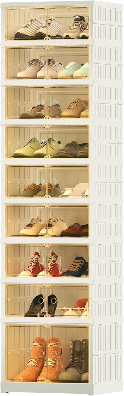 FLEXIMOUNTS Shoe Rack Organizer Storage Box 9 Tiers-18 Pairs, Tall Portable Folding Shoe Rack for Closet Entryway, Collapsible Shoe Cabinet with Magnetic Clear Door for Front Door Entrance