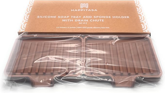 Silicone Soap Dish Tray and Sponge Holder with Drain Chute, Rectangular, Kitchen and Bathroom Sink Organizer (Mocha, 5.2"x4" (Set of 2), 7.2 Ounces)