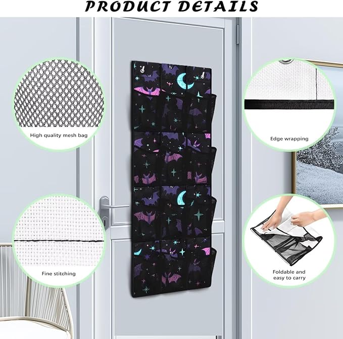 Halloween Bat Over the Door Shoe Organizer,Hanging Storage Bags with 12 Mesh Large Pockets,Behind Door Shoes Hang Holder Rack