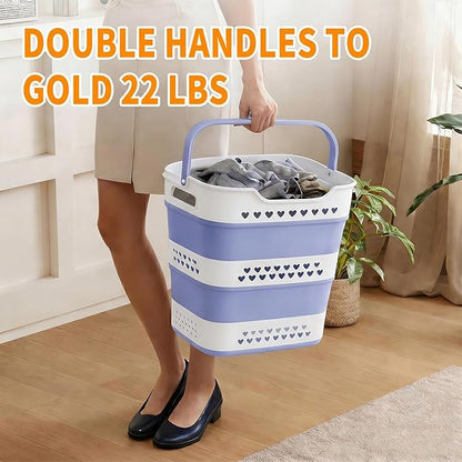 Collapsible Plastic Laundry Basket Hamper with Handles, Foldable Pop Up Storage Container Organizer for Washing Storage, Blue