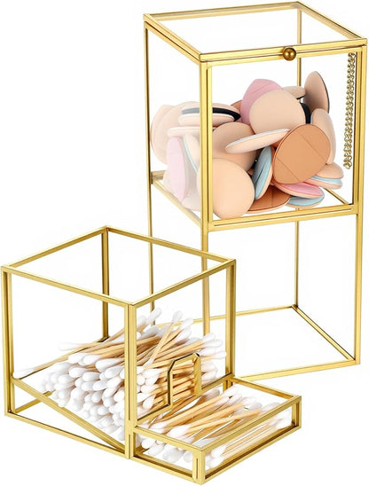 Glass Qtip Holder with Lid, Elegant Glass Q Tip Holder for Bathroom Countertop Organization, 2-Tier Cotton Ball Swab Dispenser with Gold Frame Makeup Pad Cosmetic Storage Case for Vanity Dresser