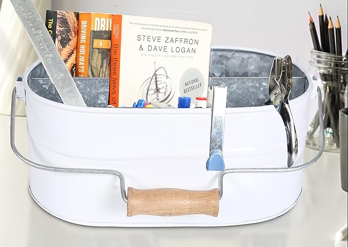 Light & Pro Farmhouse Rustic Silverware Utensil Carry All Caddy- Galvanized Utensil Caddy with Wooden Handle for Kitchen Counter, Silverware Organizer for Flatware, Condiments, Party Supplies - White