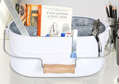 Light & Pro Farmhouse Rustic Silverware Utensil Carry All Caddy- Galvanized Utensil Caddy with Wooden Handle for Kitchen Counter, Silverware Organizer for Flatware, Condiments, Party Supplies - White