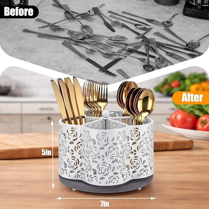 360 Degree Rotating Utensil Caddy Silverware Cutlery Caddy Holder with 5 Compartment Kitchen Countertop Organizer for Spoon Fork Flatware Storage for Home or Outdoor Picnic Camping (White)