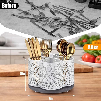 360 Degree Rotating Utensil Caddy Silverware Cutlery Caddy Holder with 5 Compartment Kitchen Countertop Organizer for Spoon Fork Flatware Storage for Home or Outdoor Picnic Camping (White)