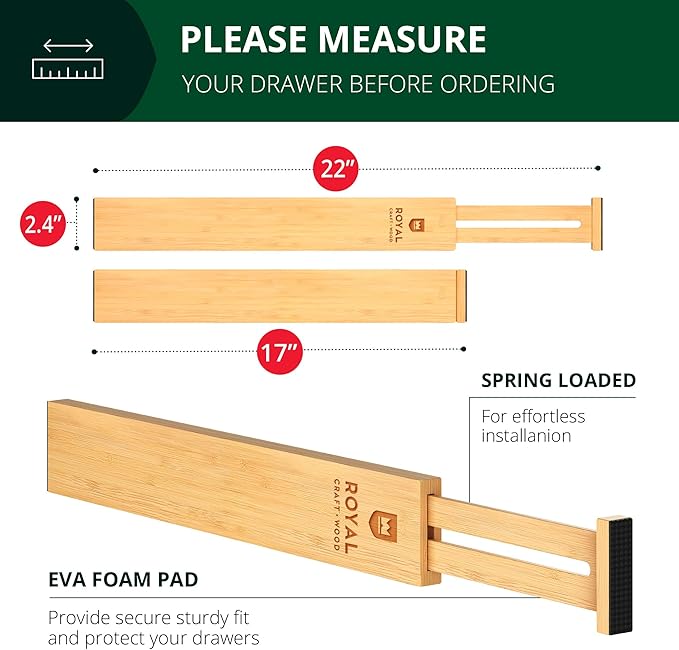 Bamboo Drawer Dividers Organizers, Adjustable Drawer Separator Splitters, 17–22 Inches Expandable Drawer Divider Organizer for Large Utensils, Kitchen, Bedroom, Dresser & Office Drawers 4-Pack
