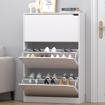 HUANLEGO Shoe Cabinet for Entryway, White Shoe Storage Cabinet with Doors 3 Flip Drawers Hidden Shoe Cabinet Modern Shoe Rack Storage Organizer for Entryway,Closet, Living Room,Hallway