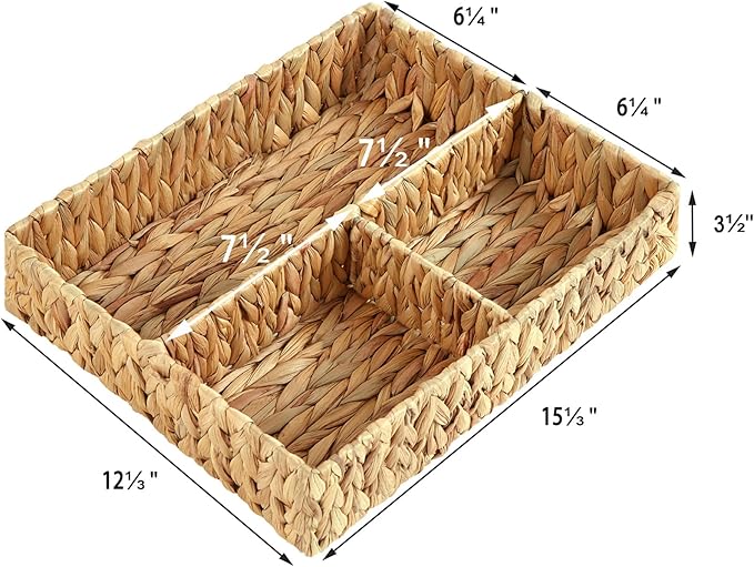 Vagusicc Wicker Divided Storage Basket, Hand-Woven Water Hyacinth Wicker Baskets, Basket for Drawer Organizing, 3 Section Rectangular Woven Storage Baskets, 2-Pack