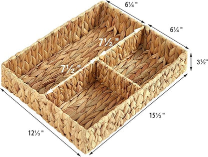 Vagusicc Wicker Divided Storage Basket, Hand-Woven Water Hyacinth Wicker Baskets, Basket for Drawer Organizing, 3 Section Rectangular Woven Storage Baskets, 2-Pack