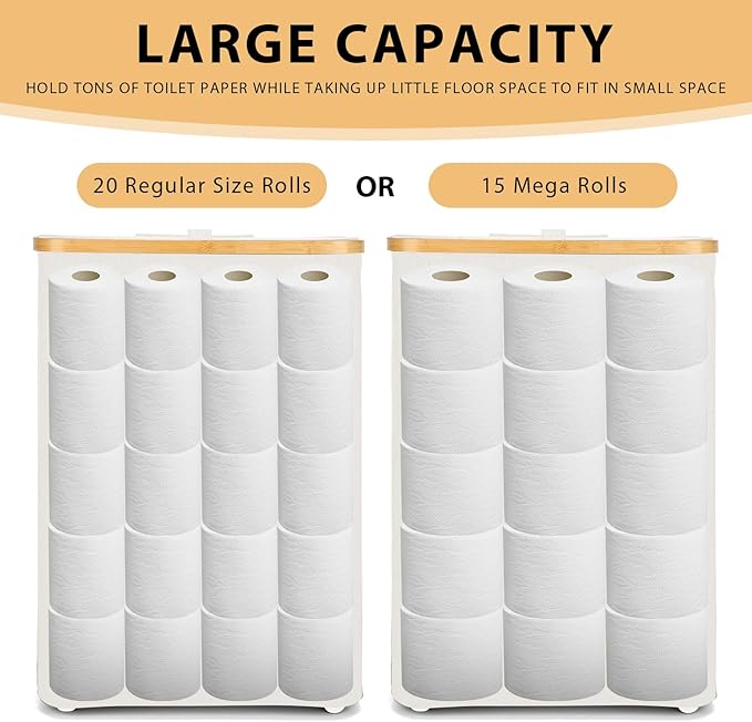 Odonata Large Toilet Paper Storage Basket with Lid, Slim Toilet Paper Organizer, Hold up to 20 Regular Rolls or 15 Mega Rolls. (Beige, 49L)