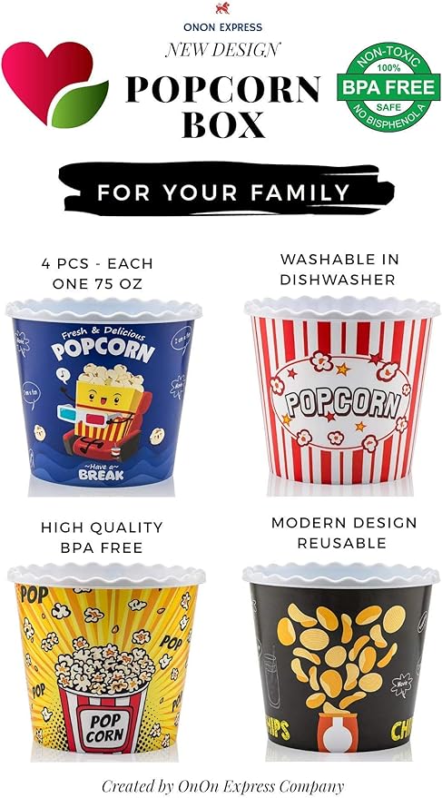Modern Style Reusable Plastic Popcorn Containers / Popcorn Bowls Set for Movie Theater Night - Washable in the Dishwasher - (BPA Free-4 Pack) (Color: Yellow, Brown, Red/White and Blue Popcorn Boxes)