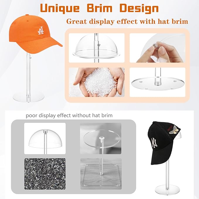 Adjustable Acrylic Hat Display Stand, 8"-16" Clear Domed Baseball Cap Rack, Height Adjustable Cowboy Hats Display, Durable Tabletop Hat Holder and Wig Stand for Closet, Vendors, Counter, Salons