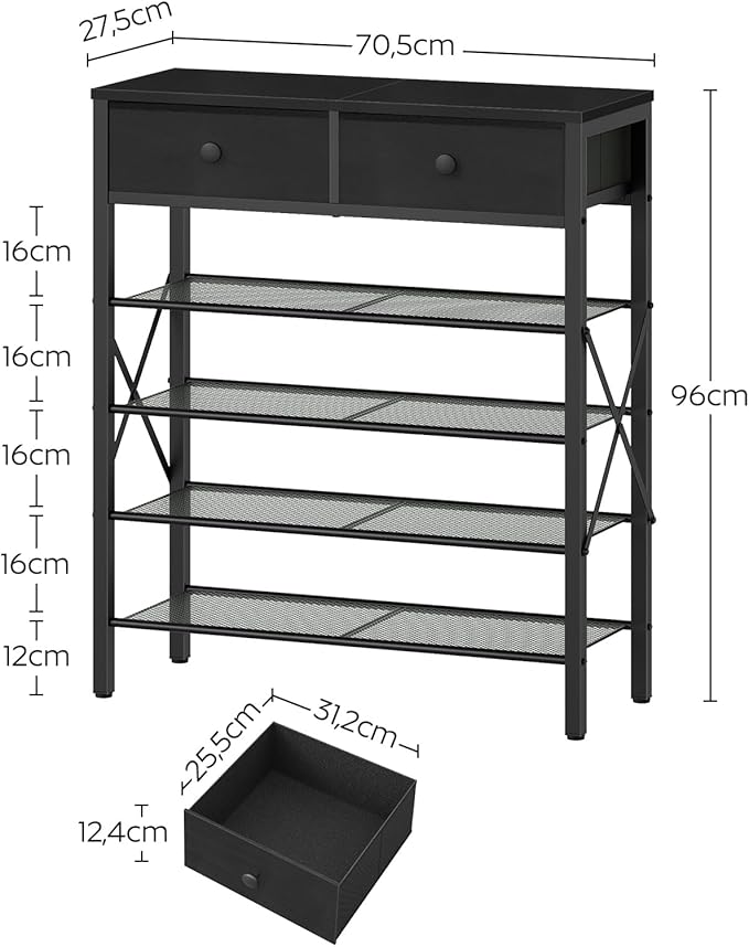 YATINEY 5 Tier Shoe Rack, Large Capacity Shoe Storage Organizer, Metal Shoe Shelf with Drawer and Wooden Top, for 20 Pairs of Shoes, for Entryway, Closet, Black SS25BB