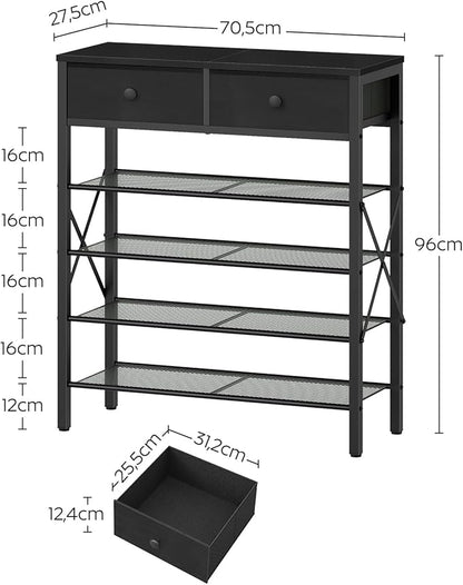 YATINEY 5 Tier Shoe Rack, Large Capacity Shoe Storage Organizer, Metal Shoe Shelf with Drawer and Wooden Top, for 20 Pairs of Shoes, for Entryway, Closet, Black SS25BB