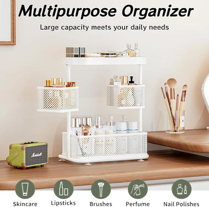 Bathroom Counter Organizer 3 Tier Rotating Cosmetic Holder Standing Shelf Vanity Bedroom Storage Cabinet Bathroom Tray for Countertop Storage Kitchen Spice Rack (White, 3Tiers)