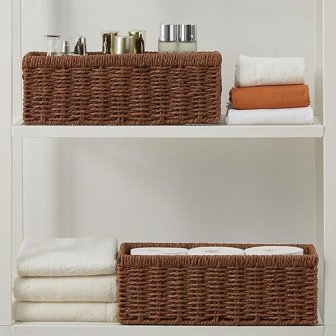Vagusicc Wicker Storage Basket, Paper Rope Wicker Baskets with Handles, Toilet Paper Basket for Toilet Tank Top, Small Wicke Baskets for Organizing Shelves, 2-Pack, Brown