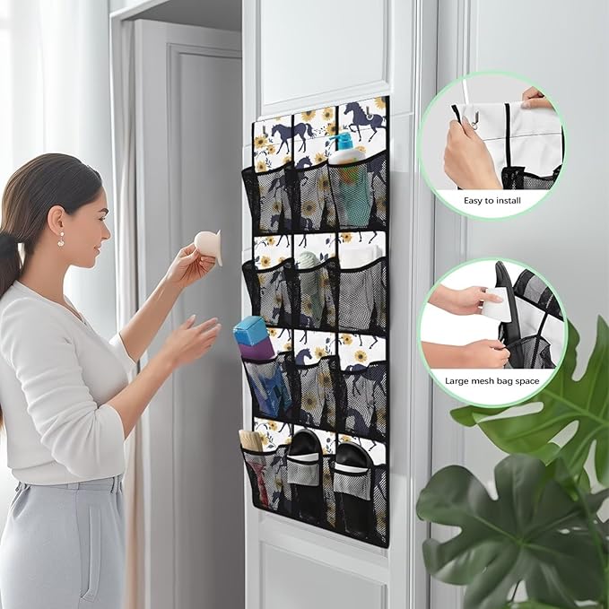 Horse Sunflower Over the Door Organizer Hanging Shelves,Quick Dry Shoe Storage Hanging Bag,Small Hanging Shoe Rack for Closet,Spice Rack for Kitchen,Organizer for Bedroom Bathroom