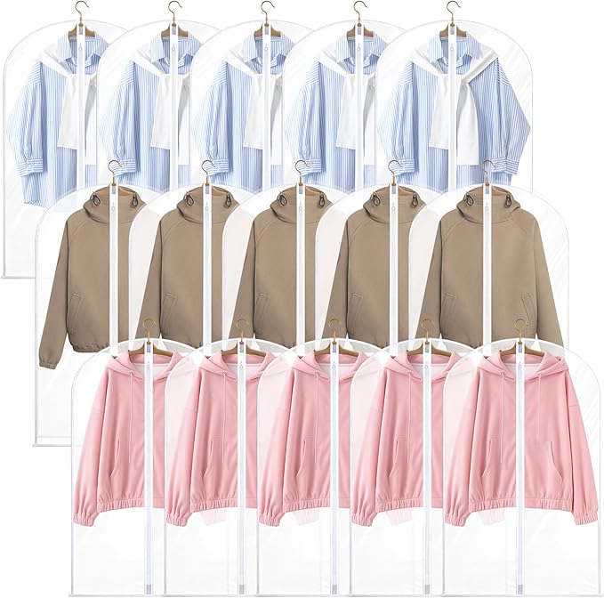 Kifmurase 40" All Clear Garment Bags for Hanging Clothes, 15 Packs Suit Bags for Closet Storage, Plastic Dustproof Suit Cover Bag Clothes Protectors Bag with Zipper for Coats Jackets Shirts Closet