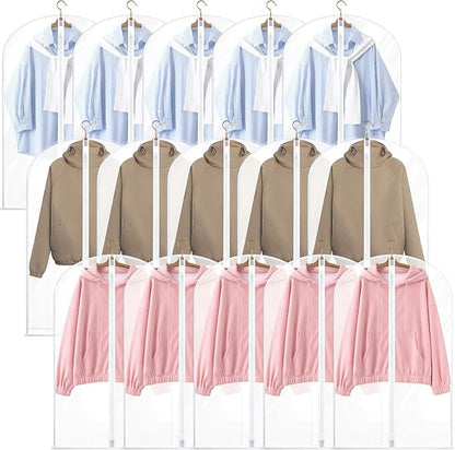 Kifmurase 40" All Clear Garment Bags for Hanging Clothes, 15 Packs Suit Bags for Closet Storage, Plastic Dustproof Suit Cover Bag Clothes Protectors Bag with Zipper for Coats Jackets Shirts Closet