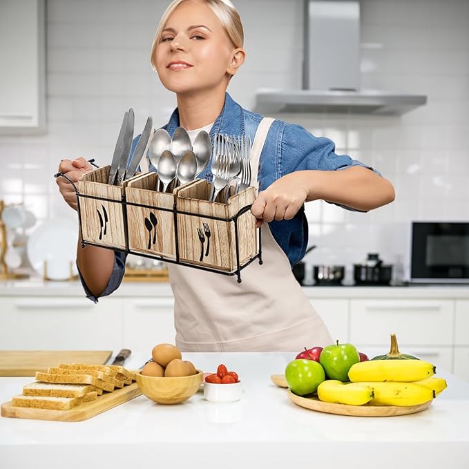 Tebery Wooden Utensil Holder for Party, Large Countertop Flatware Cutlery Caddy with Handle, 3 Detachable Compartment Silverware Cooking Organizer with Metal Tray for Fork, Spoon, Knives