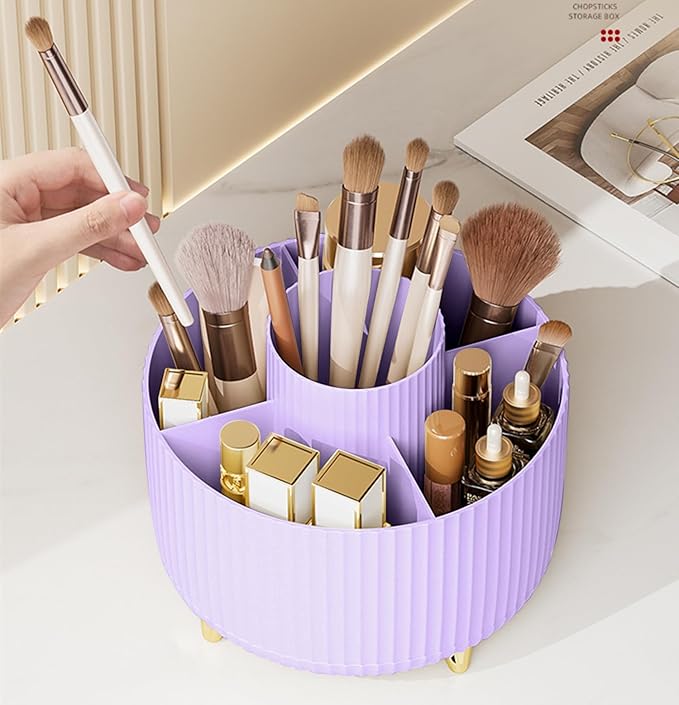 360 Degree Rotating Makeup Brush Holder Organizer Detachable Design 5 Slot Make up Brushes Cup for Cosmetics and Pencil Pen Organizer for Desk Makeup Organizer Skincare Storage for Vanity（Purple）