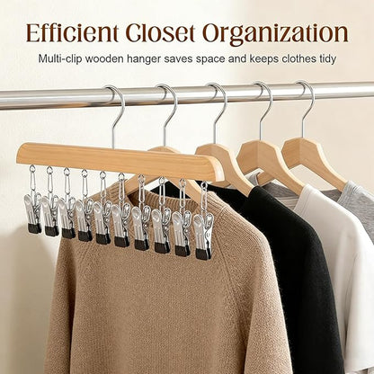 Closet Organizer with 10 Clips, Space Saving Hanging Closet Organizers Adjustable Wooden Legging Organizer for Closet, Stainless Steel Pants Hanger with Clips for Women Men (Brown, 2pcs)