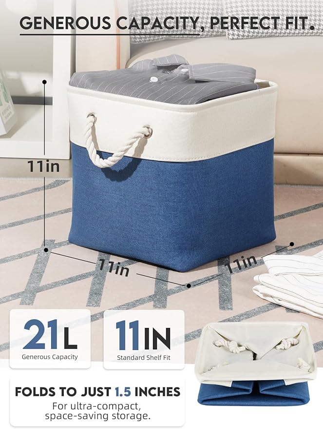 Temary Cube Storage Baskets 11x11, Set of 6 Decorative Fabric Bins with Metal Frame Around the Top Rim, Sturdy Collapsible Organizers for Closet, Office (White & Dark Blue)
