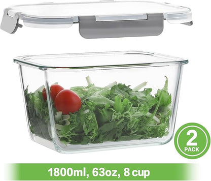 HOMBERKING 4 Pieces 63oz/8cup Large Glass Food Storage Containers with Lids, Meal Prep Containers, Airtight Bento Boxes with Leak Proof Locking (2 Containers 2 Lids), Microwave,Oven,Fridge Safe-Grey