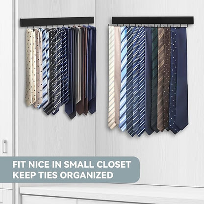 Tie Rack Wall Mount, Wooden Closet Tie Hanger with 24 Metal Hooks, Large Capacity, Black, 2 Pcs