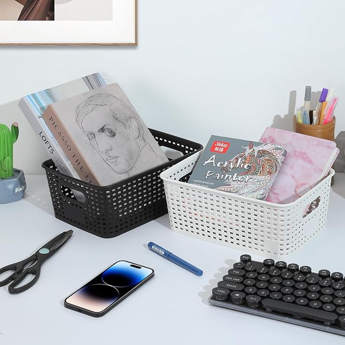 Plastic Storage Baskets 6 Pack Sturdy Storage Organizer Basket Woven Plastic Storage Bins for Shelves,Closet,Countertops, Desktops, Cabinets and Badrooms,Saving Storage, Stylish Design,Black